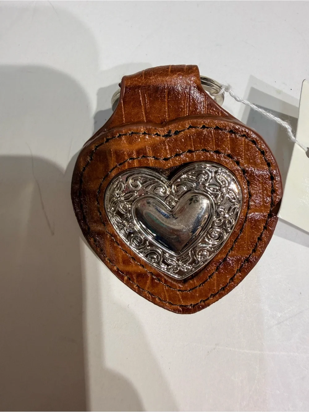 Genuine Leather Brown Heart Keychain with Silver Accent